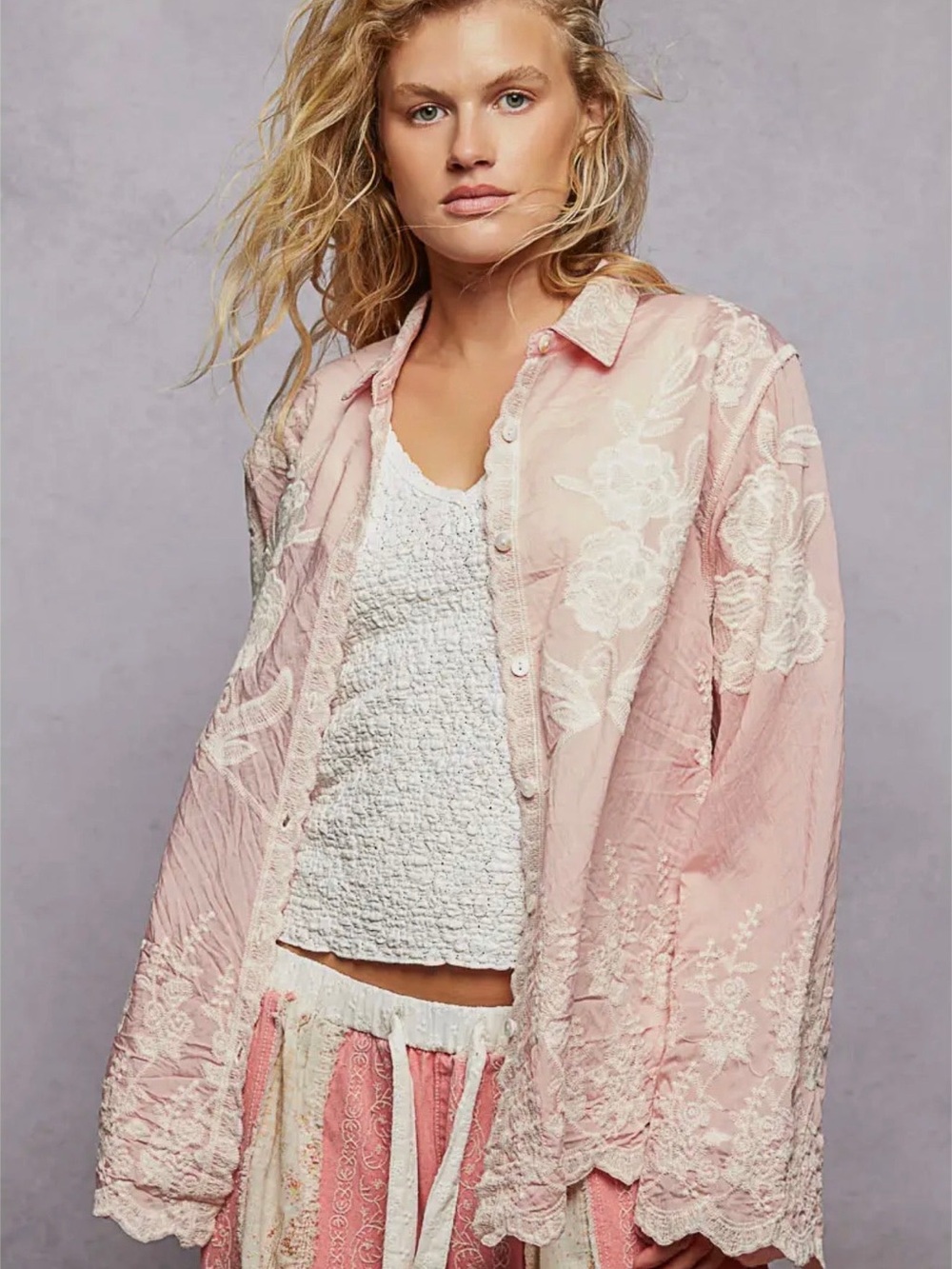 POL Delicate Blush Pink Embroidered Scalloped Trim Button-Down Shirt one size